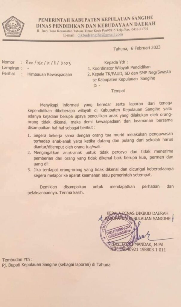 Issu Penculikan Anak di Tahuna Ternyata Hoax, Himbauan Kadis di klarifikasi Reskrim Polres